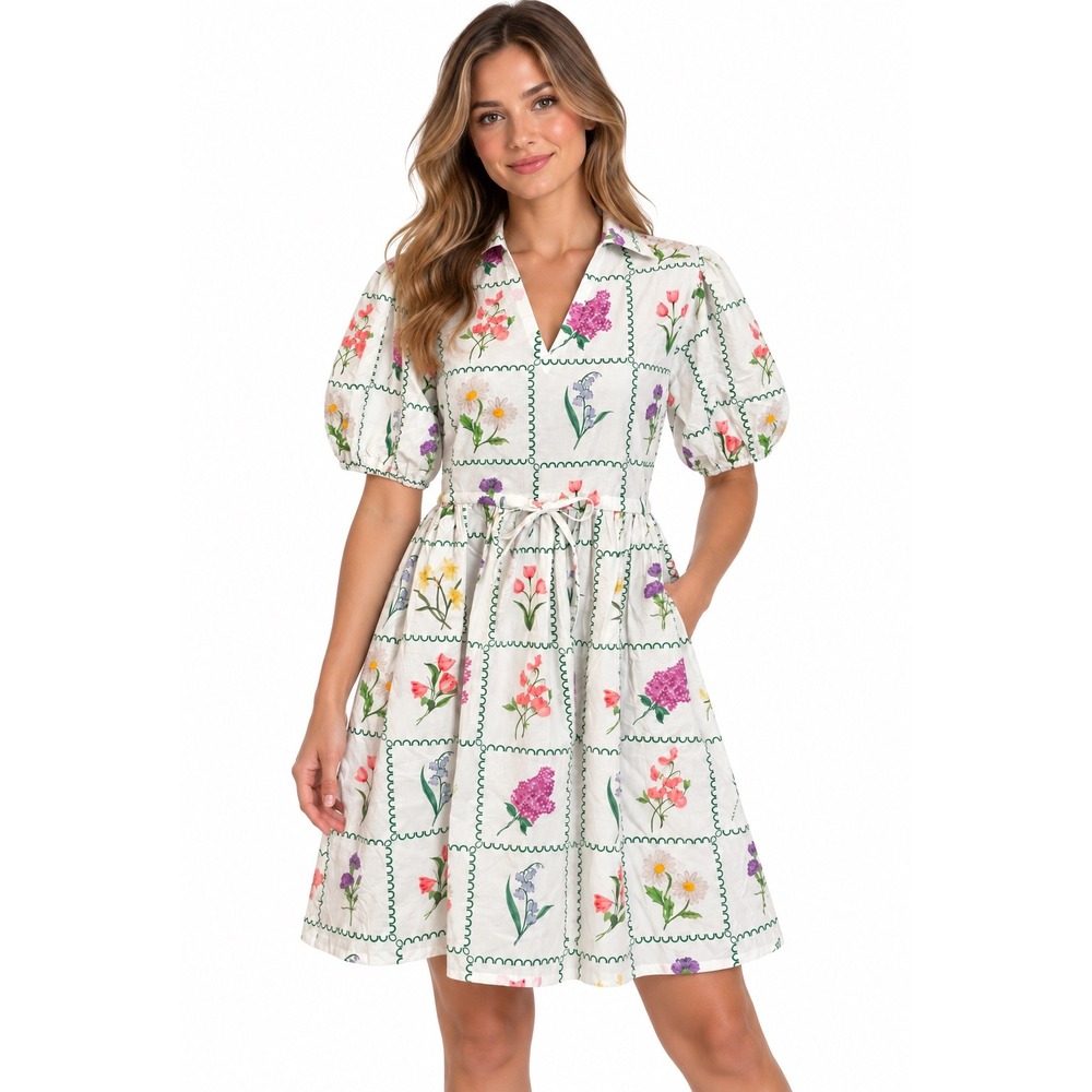 Victoria Dunn Floral Patchwork Puff Sleeve Cotton Dress Women's S Cottagecore